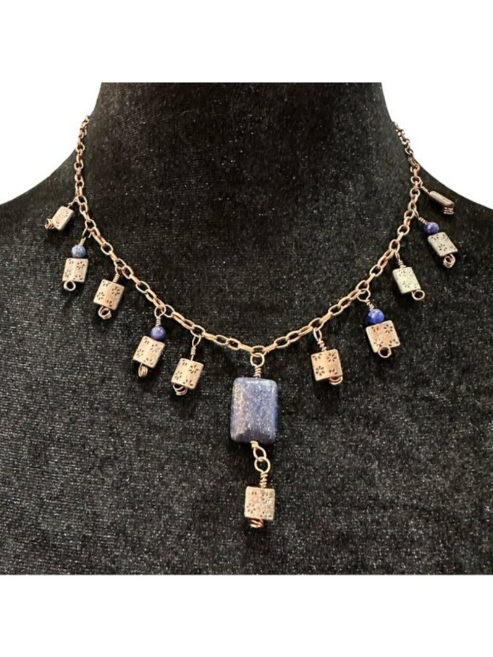 Handcrafted Gold Tone Chain Necklace With Blue Stone Textured Bead Dangles